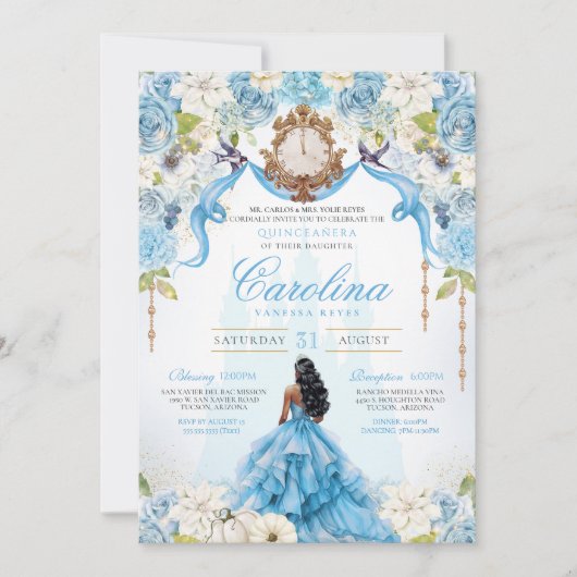 Assepoester Quinceañera Blauw Goud Luxe Verjaardag Kaart (Voorkant)