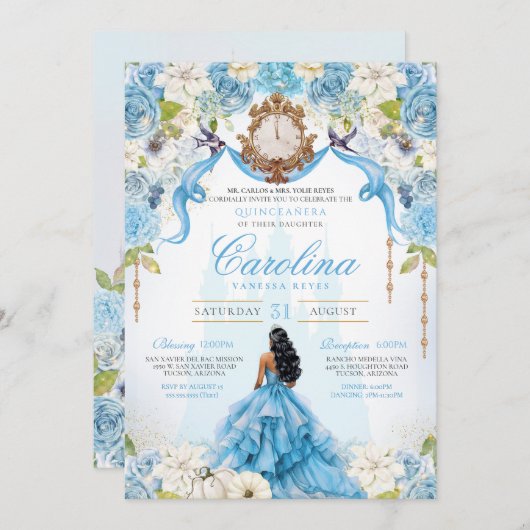 Assepoester Quinceañera Blauw Goud Luxe Verjaardag Kaart (Voorkant / Achterkant)