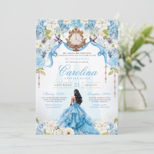 Assepoester Quinceanera Luxe Blauw Goud Verjaardag Kaart (Staand voorkant)