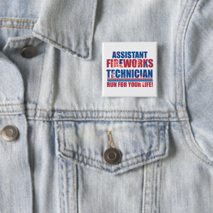 Assistent vuurwerktechnicus grappig 4 juli vierkante button 5,1 cm