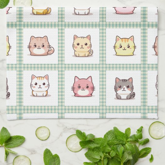Assorted Cats  Gingham Theedoek (Gevouwen)