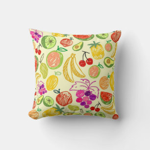 Assorted Fruit Doodle Pattern Reversible Yellow Kussen