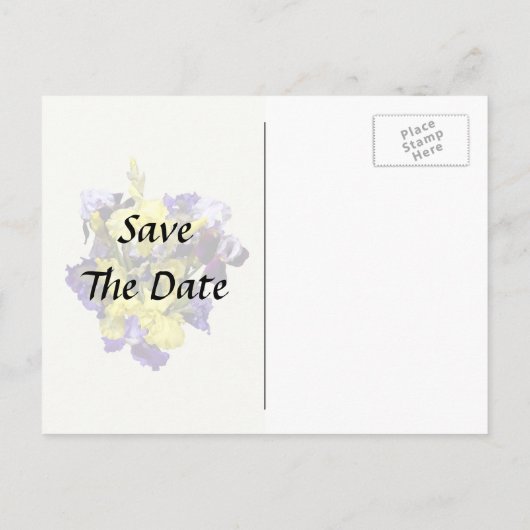 Assortiment van irissen geel en paars aankondigingskaart (Achterkant)