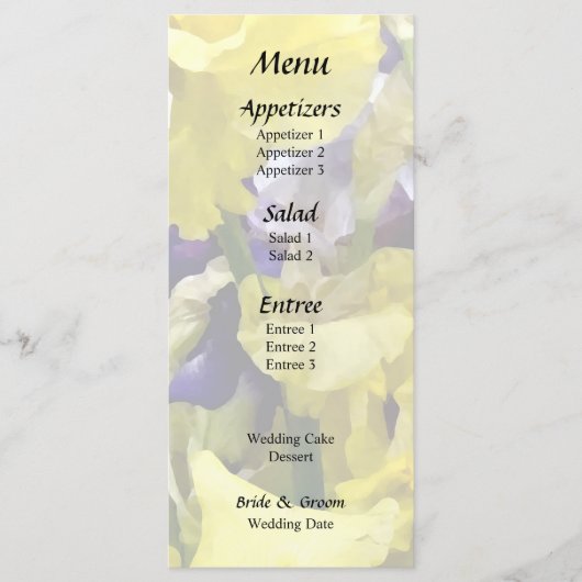 Assortiment van irissen geel en paars menu (Voorkant)