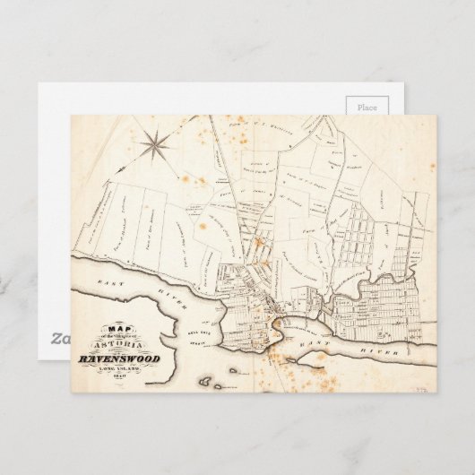 Astoria & Ravenswood, Long Island Map (1840) Briefkaart (Voorkant / Achterkant)