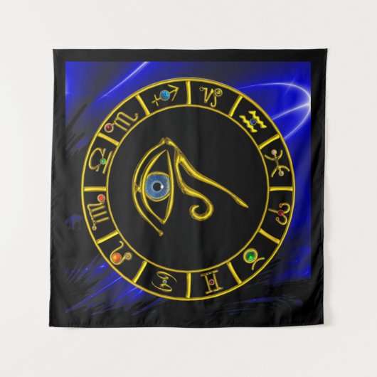 ASTRAL HORUS OYE, BLUE TALISMAN GOLD ZODIAC CHART WANDKLEED (Voorkant)