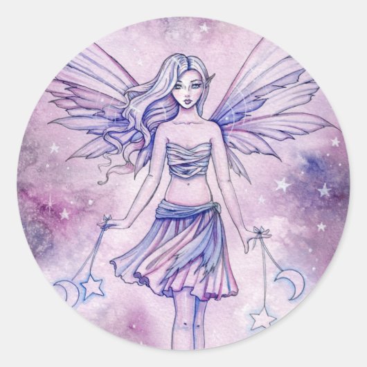 Astralina Cute Paars Blue Fairy Illustration Ronde Sticker (Voorkant)