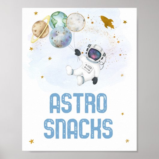 Astro Snacks Astronaut Blue Gold Space Birthday Poster (Voorkant)