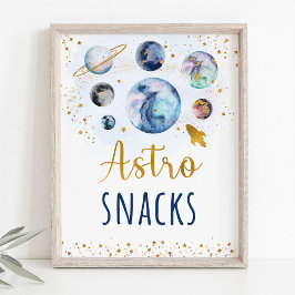 Astro Snacks Blue Gold Space Birthday Sign Poster