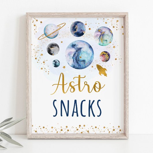 Astro Snacks Blue Gold Space Birthday Sign Poster