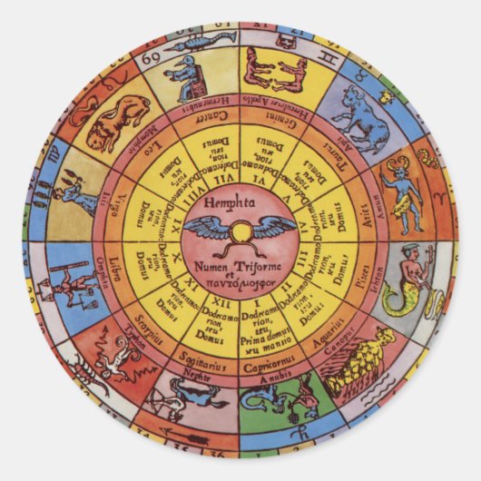  Astrologie, Antiek hemelse Zodiac Wheel Ronde Sticker (Voorkant)