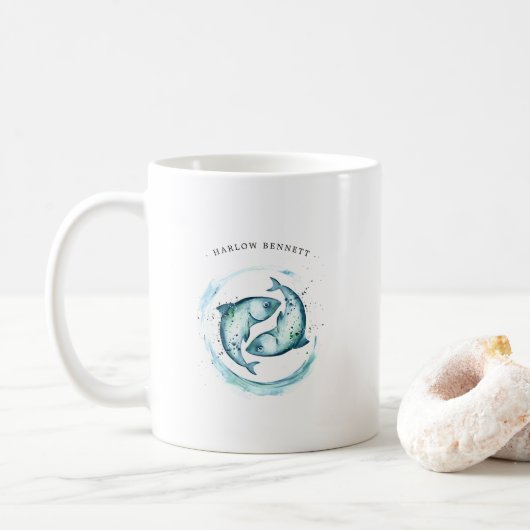 Astrologie dierentuin waterverf Pisces | Monogram Koffiemok (Met donut)