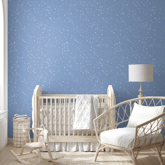 Astrologie Pastelblauw Witte Sterren Sterrenbeeld  Behang (Kinderen)