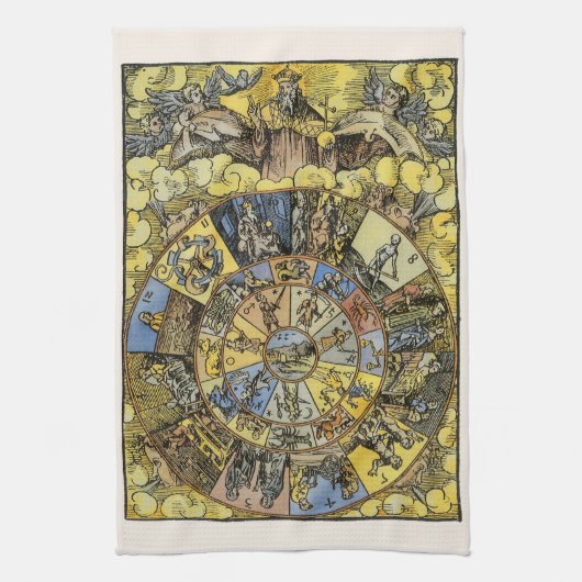 astrologie, renaissance Zodiac Wheel, 1555 Theedoek (Verticaal)
