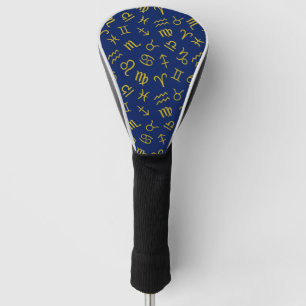 Astrologie Teken Symbolen Patroon Gold + DK Blauw Golfheadcover