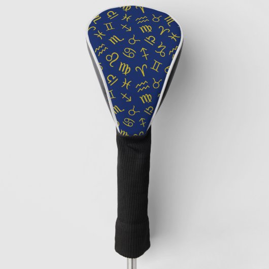 Astrologie Teken Symbolen Patroon Gold + DK Blauw Golfheadcover (Voorkant)