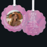 Astrologie Weegschaal Zodiac Sign Foto Aangepaste  Ornament Kaart<br><div class="desc">Personaliseer deze dierenriem hangkaart ornament met een foto, geboortedatum en naam. Een aangepast verjaardagsontwerp met het sterrenbeeld - Maagd - plus persoonlijkheidskenmerken, informatie en sterrenbeeld. Een warme bruine kleur geassocieerd met Virgo is het belangrijkste ontwerp achter alle Zodiac details. Een geweldig cadeau voor een vriend of om gewoon "je" te...</div>