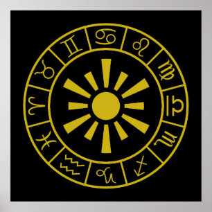 Astrologische Dierenriem Symbolen Wheel+Sun Gold Poster