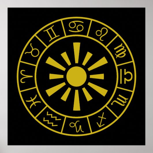 Astrologische Dierenriem Symbolen Wheel+Sun Gold Poster (Voorkant)