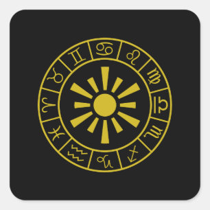 Astrologische Dierenriem Symbolen Wheel+Sun Gold Vierkante Sticker
