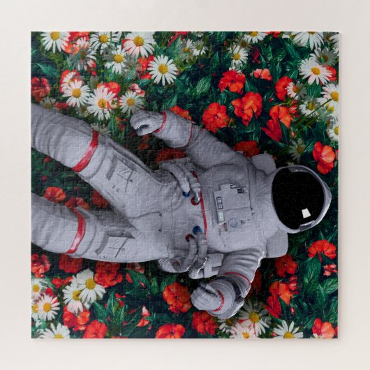 Astronaunt in Rode en Witte Bloemen Legpuzzel (Horizontaal)
