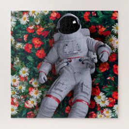 Astronaunt in Rode en Witte Bloemen Legpuzzel