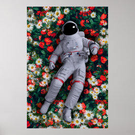 Astronaunt in Rode en Witte Bloemen Poster