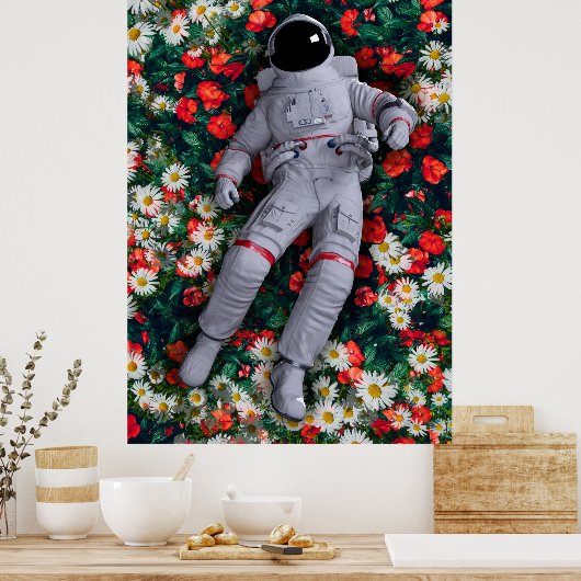 Astronaunt in Rode en Witte Bloemen Poster (Keuken)