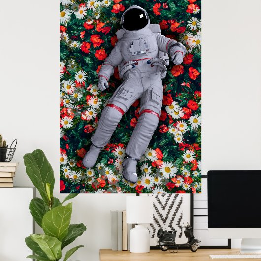 Astronaunt in Rode en Witte Bloemen Poster (Thuiskantoor)