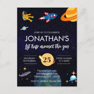 Astronaut 1e verjaardag ruimtefeest briefkaart