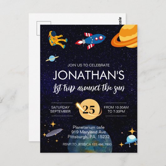 Astronaut 1e verjaardag ruimtefeest briefkaart (Voorkant / Achterkant)