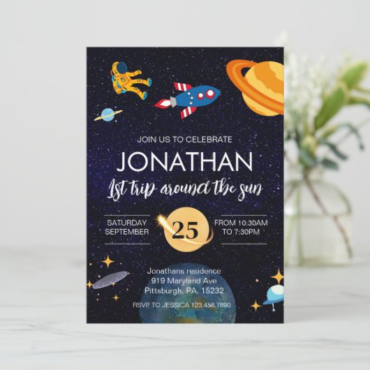 Astronaut 1e verjaardag ruimtefeest kaart (Staand voorkant)
