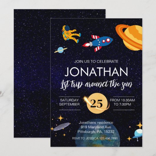 Astronaut 1e verjaardag ruimtefeest kaart (Voorkant / Achterkant)