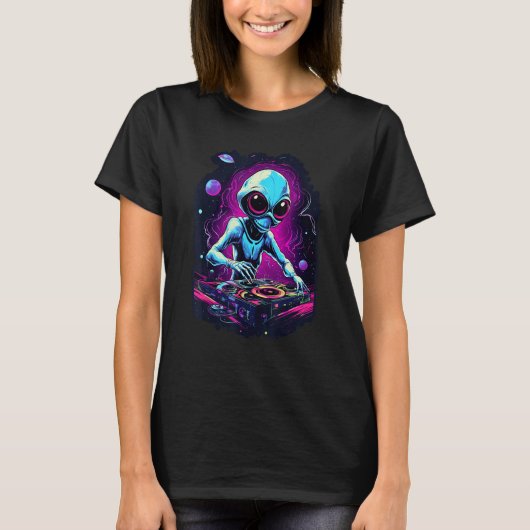 Astronaut Alien DJ Alien DJing in Space EDM Alien T-shirt (Voorkant)