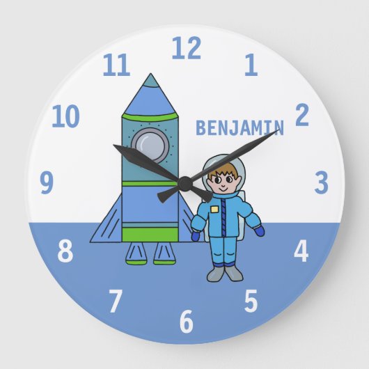 Astronaut and Rocket Space Wall Clock met naam Grote Klok (Voorkant)