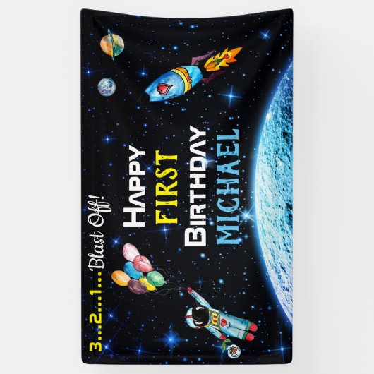 Astronaut Balloons Rocket Space Name Birthday Spandoek (Verticaal)