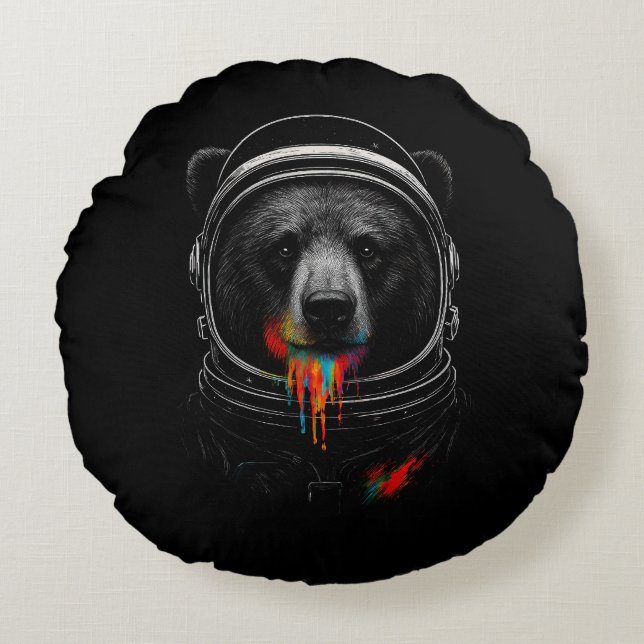 Astronaut Bear with Neon Paint Drips Cosmic Animal Rond Kussen (Voorkant)