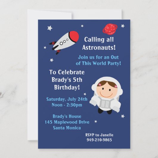 Astronaut Birthday Party Invitation Girl Kaart (Voorkant)