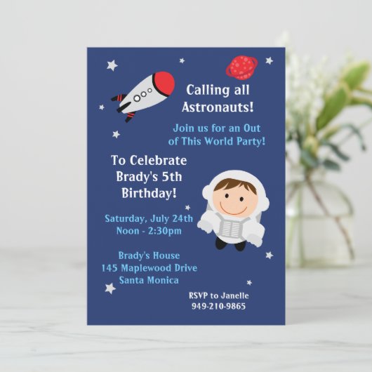 Astronaut Birthday Party Invitation Kaart (Staand voorkant)