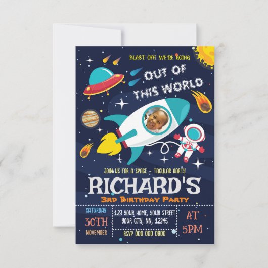 Astronaut Birthday Uitnodiging met foto (Voorkant)