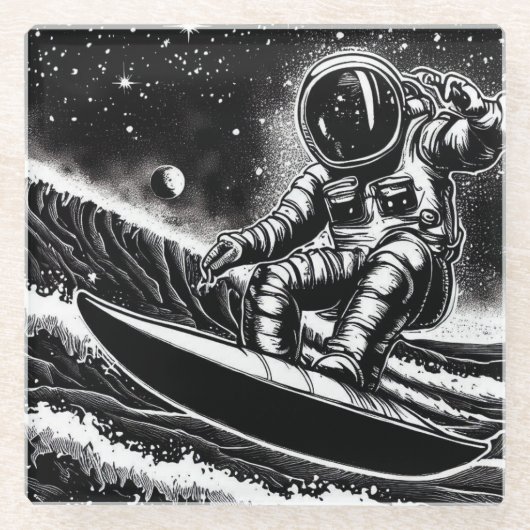 ASTRONAUT BLACK AND WHITE, SURF THE UNIVERSE GLAZEN ONDERZETTER (Voorkant)