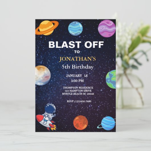 Astronaut Blast van 5th boys Birthday Party Kaart (Staand voorkant)