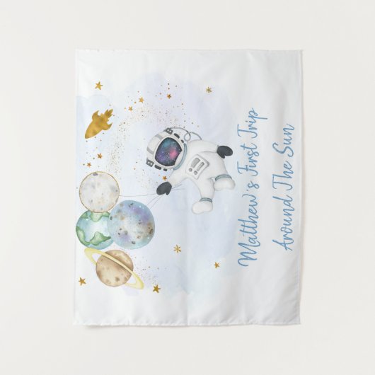 Astronaut Blauw Goud Ruimte Verjaardag Achtergrond Wandkleed (Voorkant)