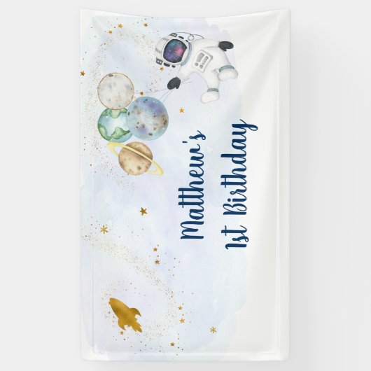 Astronaut Blue Gold Buitenspace Birthday Spandoek (Verticaal)