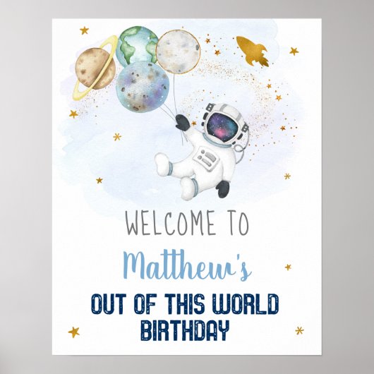 Astronaut Blue Gold Buitenspace Birthday Welkom Poster (Voorkant)
