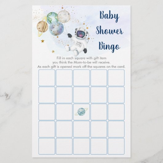 Astronaut Blue Gold Space Baby shower Bingo Game (Voorkant)