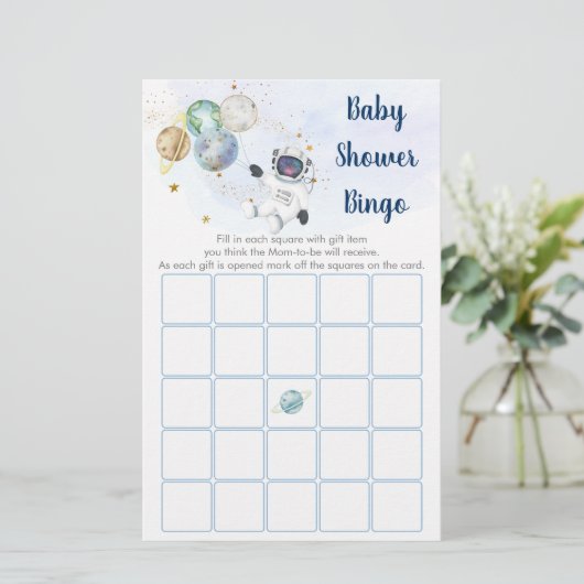Astronaut Blue Gold Space Baby shower Bingo Game (Staand voorkant)