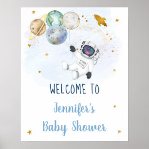 Astronaut Blue Gold Space Baby shower Welkom Poster