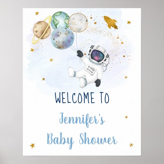 Astronaut Blue Gold Space Baby shower Welkom Poster (Voorkant)
