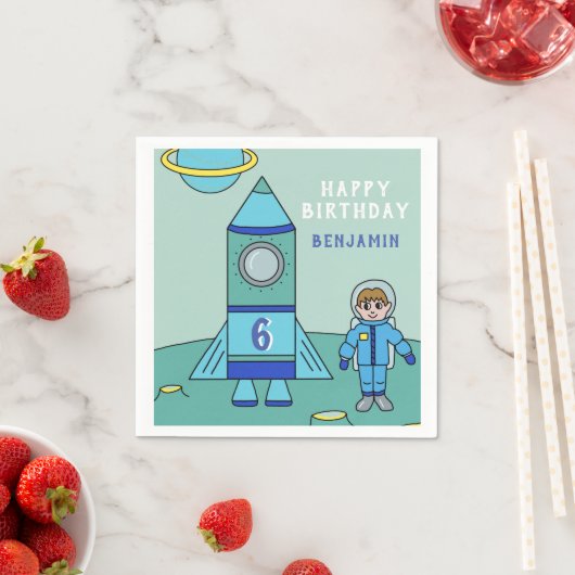 Astronaut Boy and Rocket on Moon Birthday Party Servet (Insitu)